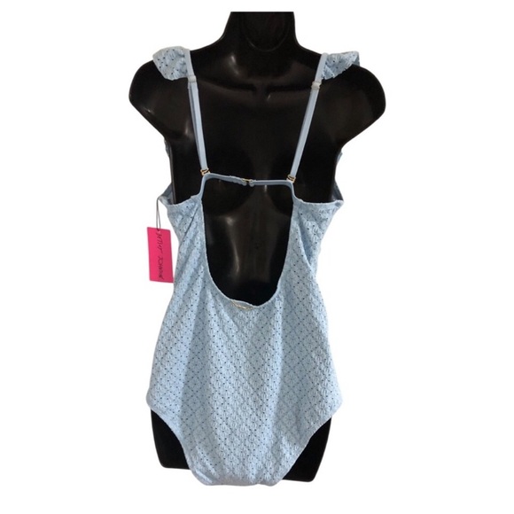 Betsey Johnson Clear sky blue 1piece Ruffle strap eyelet Swimsuit‎ size medium - Picture 13 of 16